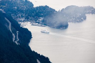 A ferry is approaching Horseshoe Bay Ferry Terminal